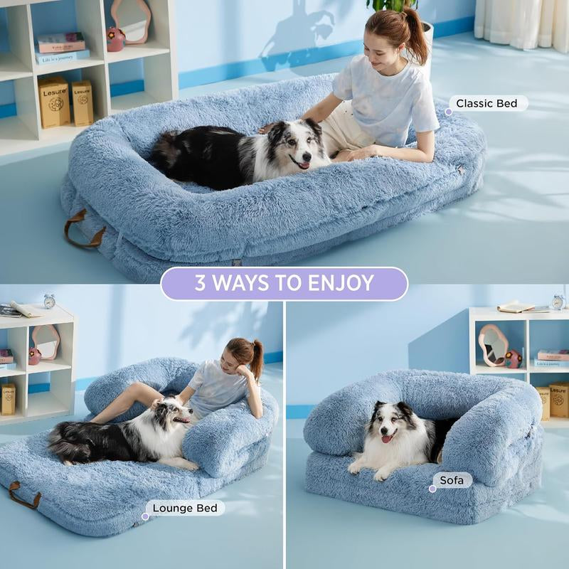 Lesure Luxury Warm Foldable 3-In-1 Flexible Giant Human Dog Bed Cozy Fluffy Faux Fur Lounge Sofa with Supportive Bolster Egg Foam Soft Plush Calming Orthopedic Bed for Winter Comfort Classic Lounge Sofa Options Tiktokshopblackfriday Choice