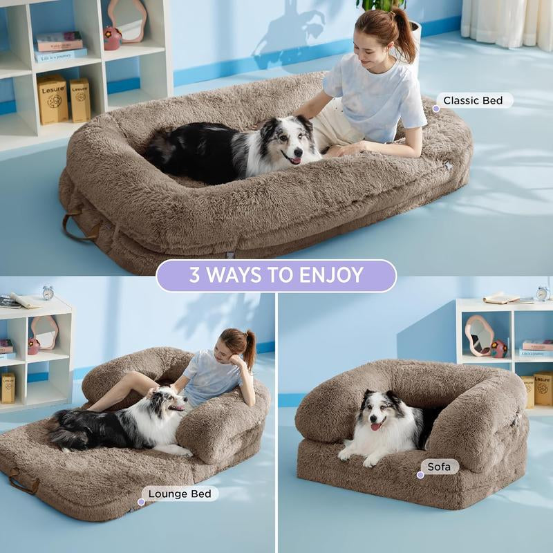 Lesure Luxury Warm Foldable 3-In-1 Flexible Giant Human Dog Bed Cozy Fluffy Faux Fur Lounge Sofa with Supportive Bolster Egg Foam Soft Plush Calming Orthopedic Bed for Winter Comfort Classic Lounge Sofa Options Tiktokshopblackfriday Choice