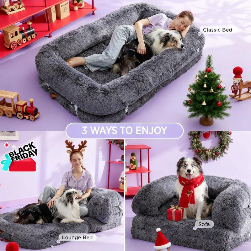Lesure Luxury Warm Foldable 3-In-1 Flexible Giant Human Dog Bed Cozy Fluffy Faux Fur Lounge Sofa with Supportive Bolster Egg Foam Soft Plush Calming Orthopedic Bed for Winter Comfort Classic Lounge Sofa Options Tiktokshopblackfriday Choice