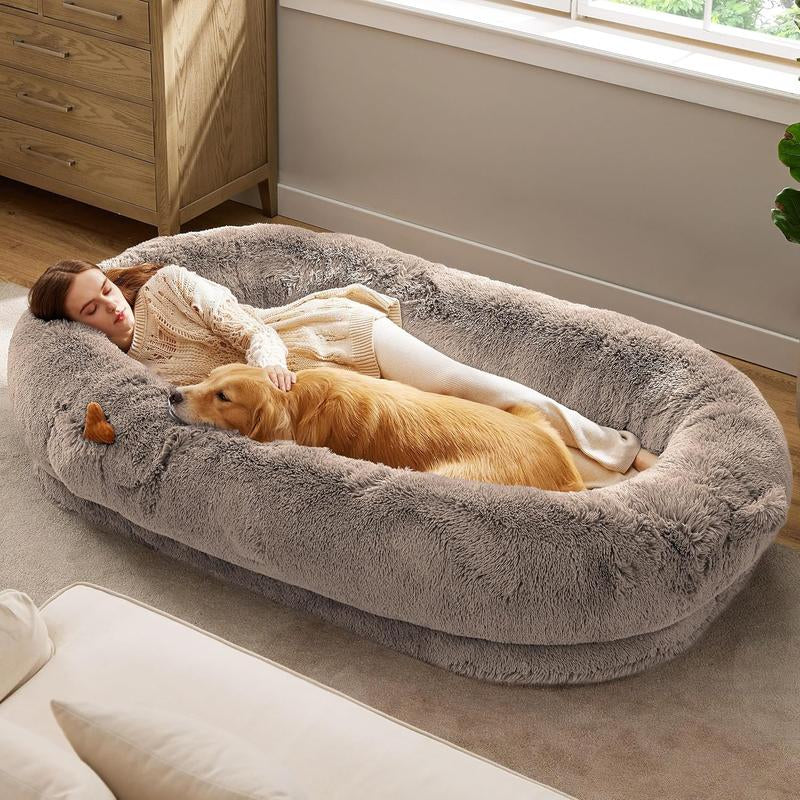 Lesure Luxury Warm Foldable 3-In-1 Flexible Giant Human Dog Bed Cozy Fluffy Faux Fur Lounge Sofa with Supportive Bolster Egg Foam Soft Plush Calming Orthopedic Bed for Winter Comfort Classic Lounge Sofa Options Tiktokshopblackfriday Choice