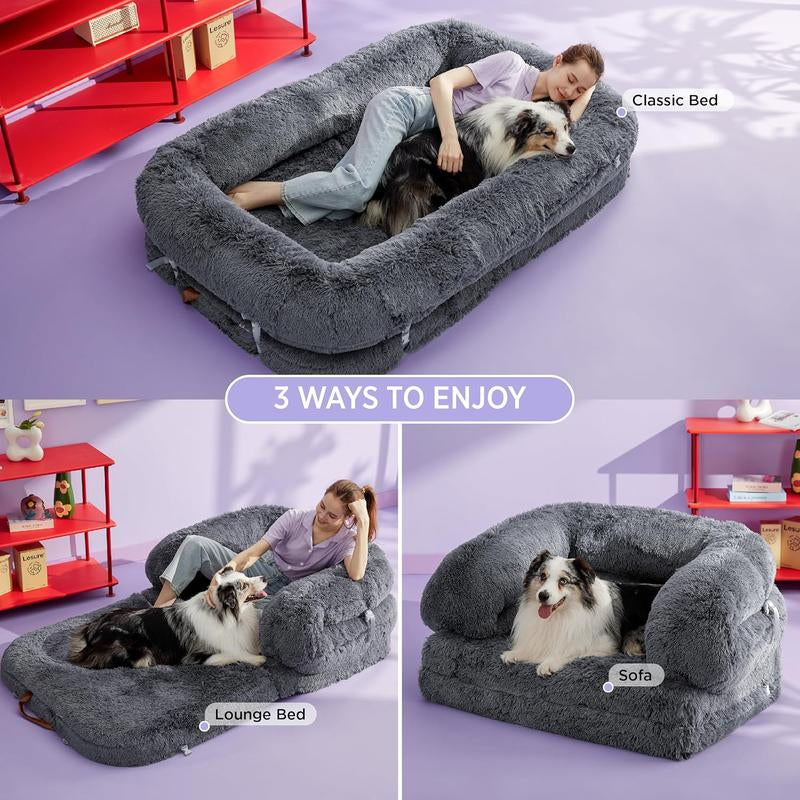Lesure Luxury Warm Foldable 3-In-1 Flexible Giant Human Dog Bed Cozy Fluffy Faux Fur Lounge Sofa with Supportive Bolster Egg Foam Soft Plush Calming Orthopedic Bed for Winter Comfort Classic Lounge Sofa Options Tiktokshopblackfriday Choice