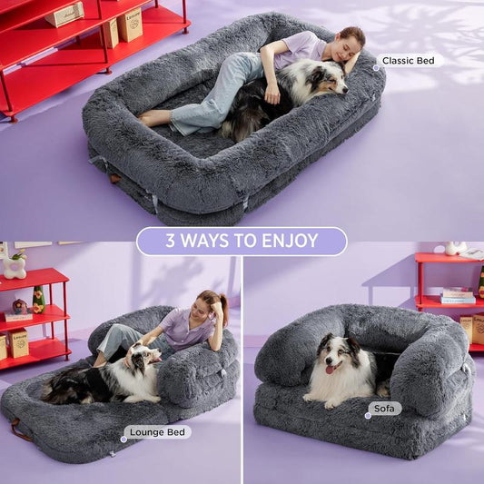 Lesure Luxury Warm Foldable 3-In-1 Flexible Giant Human Dog Bed Cozy Fluffy Faux Fur Lounge Sofa with Supportive Bolster Egg Foam Soft Plush Calming Orthopedic Bed for Winter Comfort Classic Lounge Sofa Options Tiktokshopblackfriday Choice