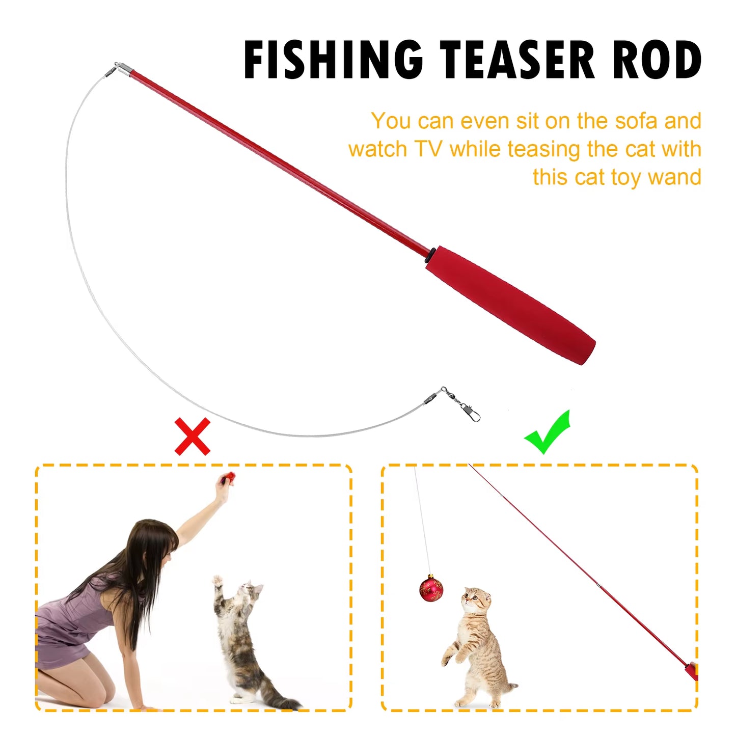 Cat Teaser Wands Interactive Retractable Fishing Pole Wand Cat Catcher Teaser Stick Rod for Kitten Training Exercising